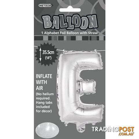 Silver E Alphabet Foil Balloon 35cm (14) - 9311965446842