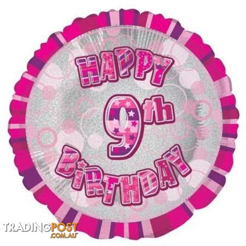 Glitz Pink 9th Birthday Round 45cm (18) Foil Balloon Packaged - 011179556397