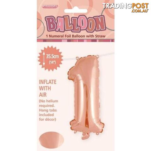 Rose Gold 1 Numeral Foil Balloon 35cm (14) - 9311965428411