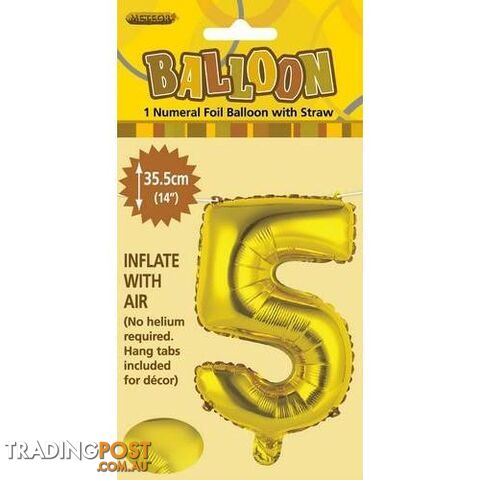 Gold 5 Numeral Foil Balloon 35cm (14) - 9311965428954