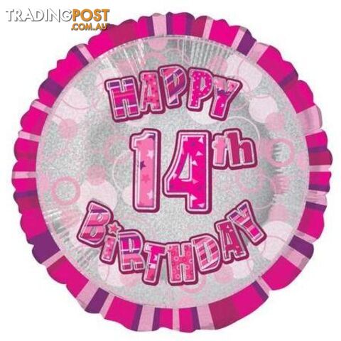 Glitz Pink 14th Birthday Round 45cm (18) Foil Balloon Packaged - 011179556434