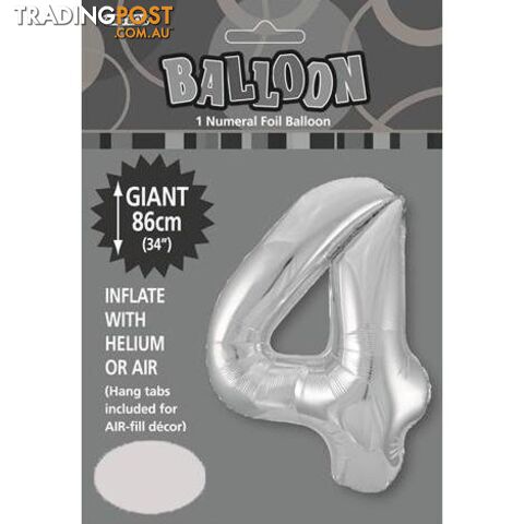 Silver 4 Numeral Foil Balloon 86cm (34) - 9311965482949