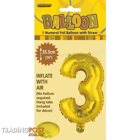 Gold 3 Numeral Foil Balloon 35cm (14) - 9311965428930