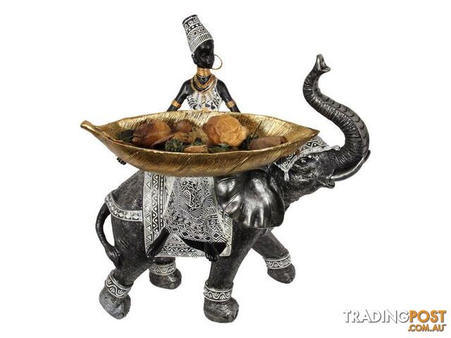 African Lady on Elephant with Gold Tray 37cm - 9319844630528