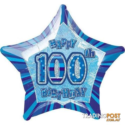 Glitz Blue 100th Birithday Star 50cm (20) Foil Balloon Packaged - 011179553914