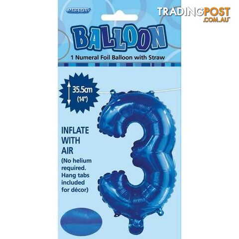 Royal Blue 3 Numeral Foil Balloon 35cm (14) - 9311965429135