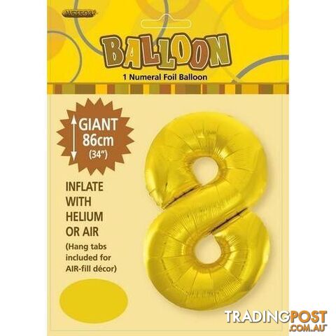 Gold 8 Numeral Foil Balloon 86cm (34) - 9311965483182