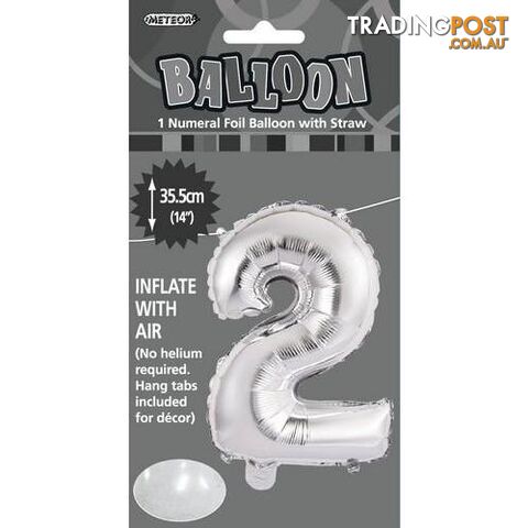Silver 2 Numeral Foil Balloon 35cm (14) - 9311965428824