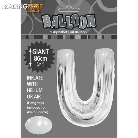 Silver U Alphabet Foil Balloon 86cm (34) - 9311965483601