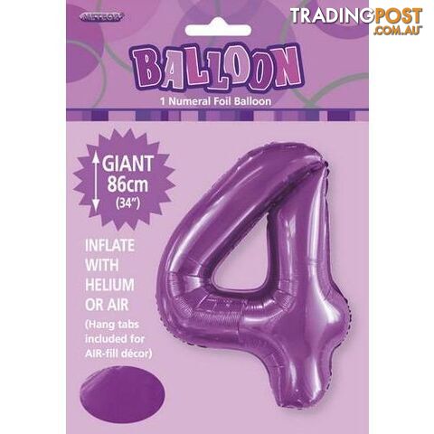 Pretty Purple 4 Numeral Foil Balloon 86cm (34) - 9311965506249