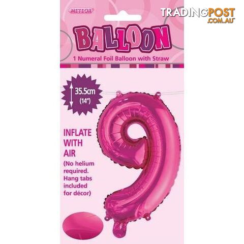 Hot Pink 9 Numeral Foil Balloon 35cm (14) - 9311965429098