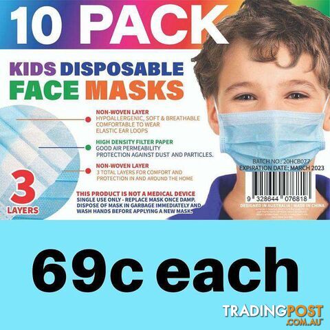 Disposable Kids Face Mask White & Blue 10 PK - 9328644076818