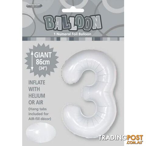 White 3 Numeral Foil Balloon 86cm (34) - 9311965506737