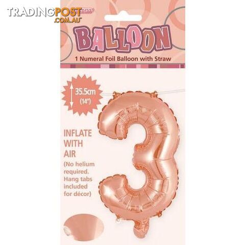 Rose Gold 3 Numeral Foil Balloon 35cm (14) - 9311965428435