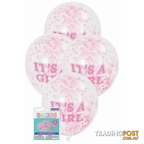 Its A Girl 6 x 30.48cm (12) Clear Balloons Prefilled With Pink Confetti - 011179564057