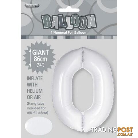 White 0 Numeral Foil Balloon 86cm (34) - 9311965506706