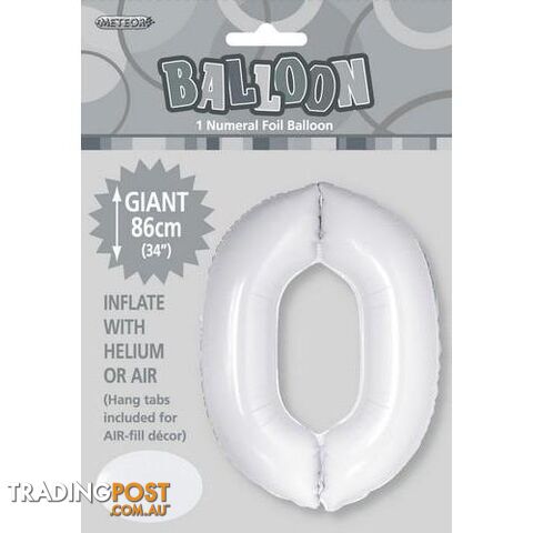 White 0 Numeral Foil Balloon 86cm (34) - 9311965506706