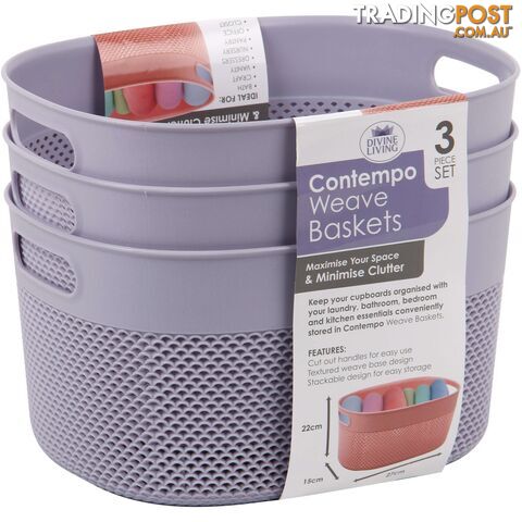 Contempo Plastic Storage Weave Baskets - 3 Pack Purple - 800114