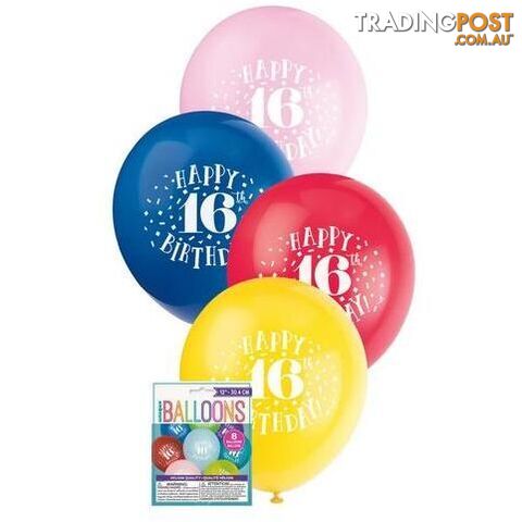 Happy 16th Birthday 8 x 30cm (12) Balloons - Assorted Colours - 011179549160