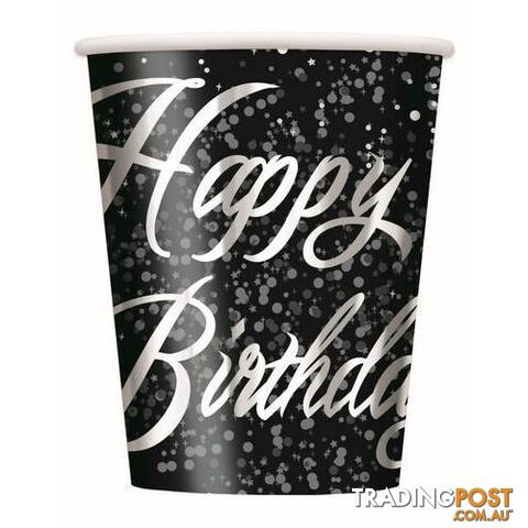 Glitz Silver Happy Birthday 8 x 270ml (9oz) Foil Stamped Paper Cups -...