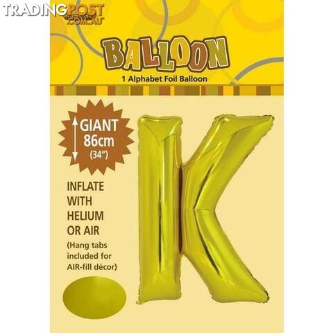 Gold K Alphabet Foil Balloon 86cm (34) - 9311965431701