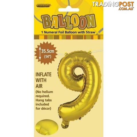 Gold 9 Numeral Foil Balloon 35cm (14) - 9311965428992