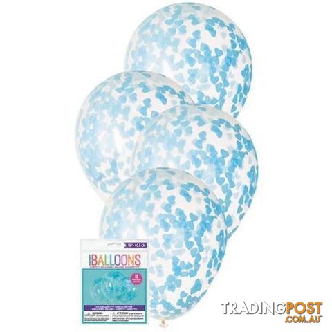 5 x 40.6cm (16) Clear Balloons Prefilled with Powder Blue Heart Shaped Confetti - 011179733958