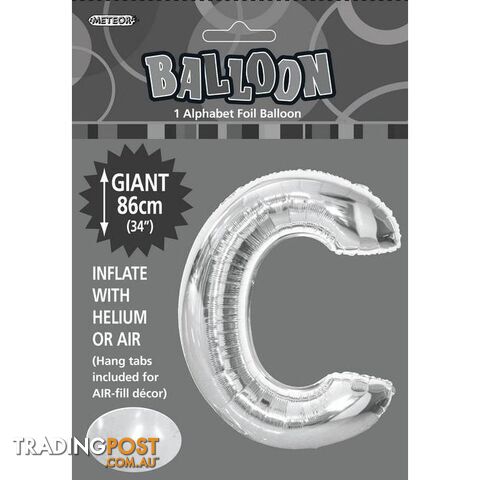 Silver C Alphabet Foil Balloon 86cm (34) - 9311965483427