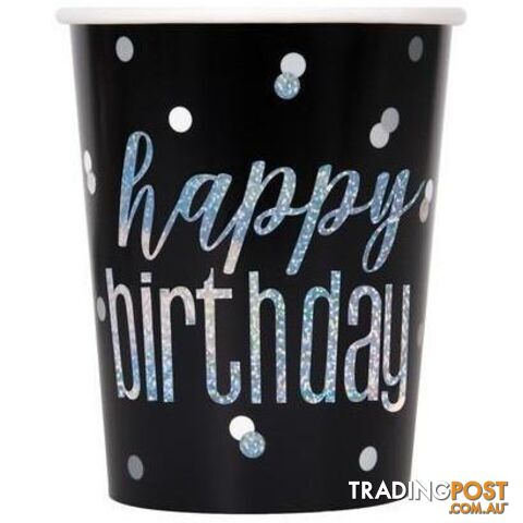 Black And Silver Happy Birthday 8 x 270mL (9oz) Prismatic Paper Cups - 011179835867