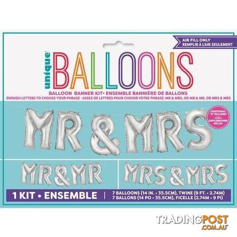 Mr & Mrs Silver 35.5cm (14) Foil Letter Balloon Kit - 011179536696