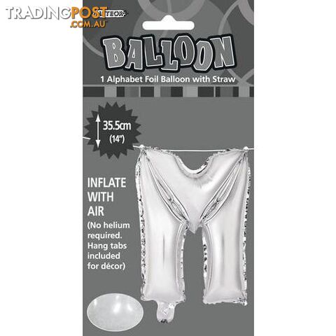 Silver M Alphabet Foil Balloon 35cm (14) - 9311965446927