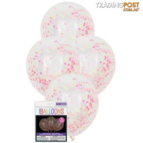 6 x 30.48cm (12) Clear Balloons Prefilled With Neon Confetti - 011179563999