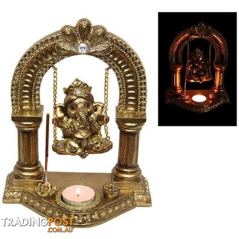 Gold Ganesh On Swing With Tealight & Incense Holder 23cm - 9319844630603