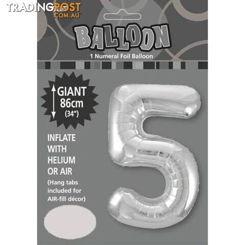 Silver 5 Numeral Foil Balloon 86cm (34) - 9311965482956