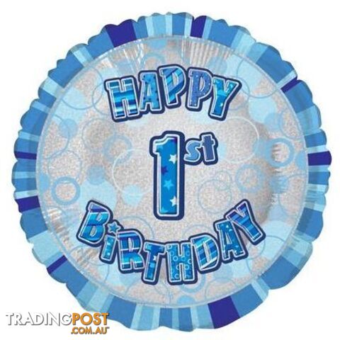 Glitz Blue 1st Birthday Round 45cm (18) Foil Balloon Packaged - 011179556458