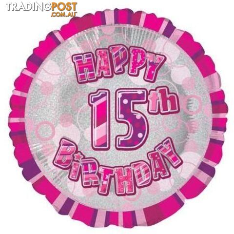 Glitz Pink 15th Birthday Round 45cm (18) Foil Balloon Packaged - 011179556441