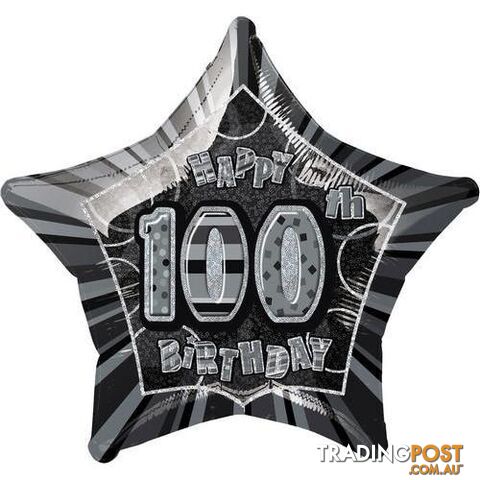 Glitz Black 100th Birithday Star 50cm (20) Foil Balloon Packaged - 011179553938