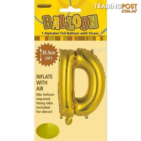 Gold D Alphabet Foil Balloon 35cm (14) - 9311965446538