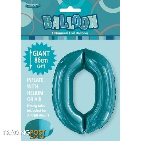 Caribbean Teal 0 Numeral Foil Balloon 86cm (34) - 9311965506300