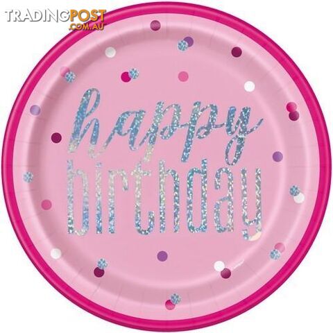 Pink Happy Birthday 8 x 23cm (9) Prismatic Paper Plates - 011179836055