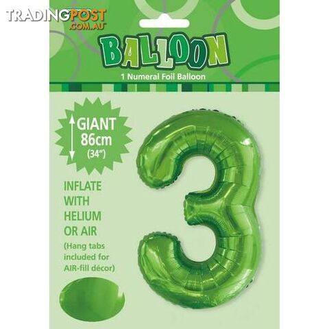 Lime Green 3 Numeral Foil Balloon 86cm (34) - 9311965506133