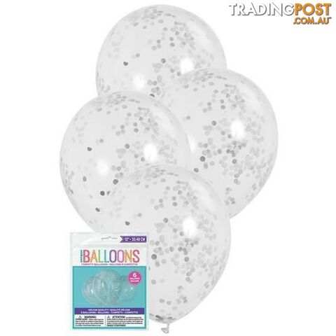 6 x 30.48cm (12) Clear Balloons Prefilled With Silver Confetti - 011179564088