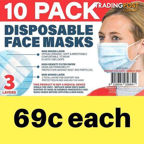 Disposable Adult Face Mask Light Blue 10PK - 9328644056841