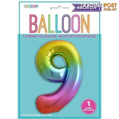 Rainbow 9 Numeral Foil Balloon 86cm (34) - 9311965448297