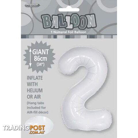 White 2 Numeral Foil Balloon 86cm (34) - 9311965506720