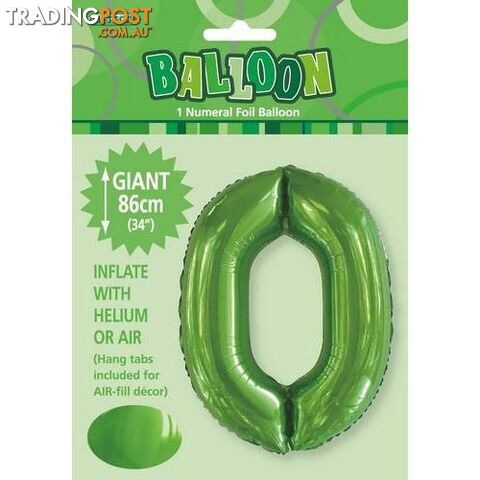 Lime Green 0 Numeral Foil Balloon 86cm (34) - 9311965506102