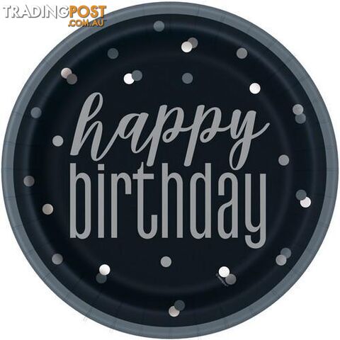 Black And Silver Happy Birthday 8 x 23cm (9) Paper Plates - 011179835874