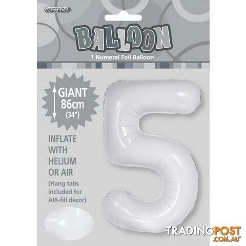 White 5 Numeral Foil Balloon 86cm (34) - 9311965506751
