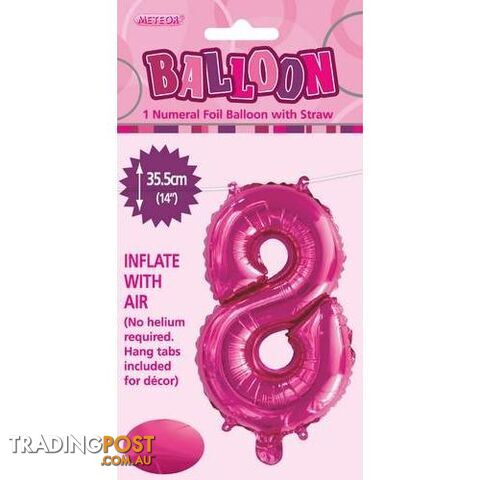 Hot Pink 8 Numeral Foil Balloon 35cm (14) - 9311965429081
