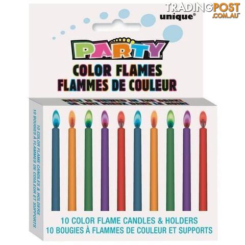 10 Colour Flame Candles With Holders - 011179340996